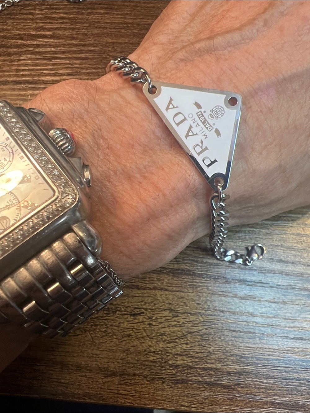Silver-Tone Stainless Steel White Triangle Logo Chain Bracelet